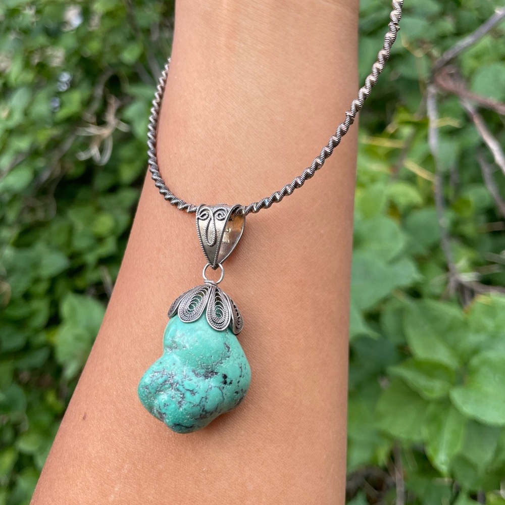 Antique Asian chunky turquoise filigree twisted 925 ITALY sterling necklace
